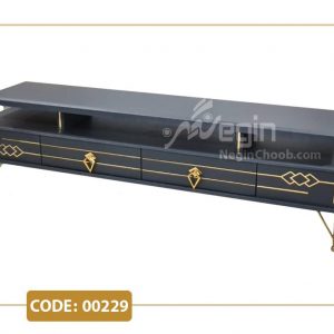 میز تلویزیون مدل 00229 بدنه MDF وکیوم پایه فلزی طلایی فورتیک