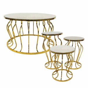 میز جلومبلی پایه فلزی گلدانی کد M0012 با رنگ طلایی فورتیک و استیل (صفحه MDF و شیشه ای)